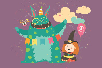 Happy girl with her monster. Vector 