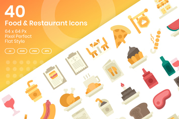 40 Food & Restaurant Icons Set - Flat