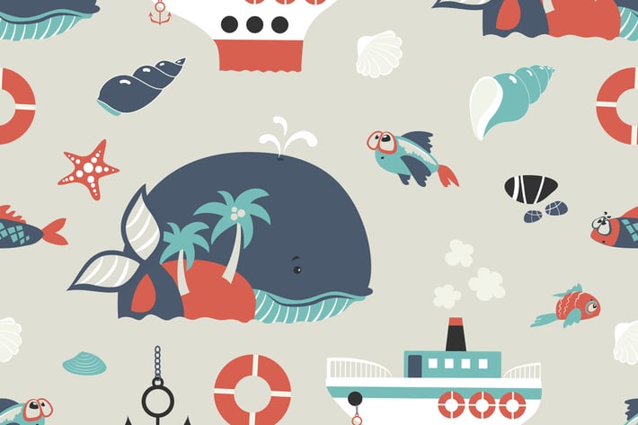 Seamless vector background with cute sea objects 