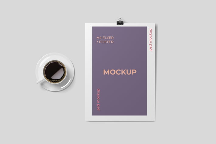 A cup of coffee and A4 Flyer Mockups
