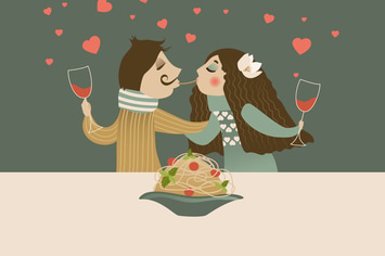 Couple in love eating spaghetti. Vector 