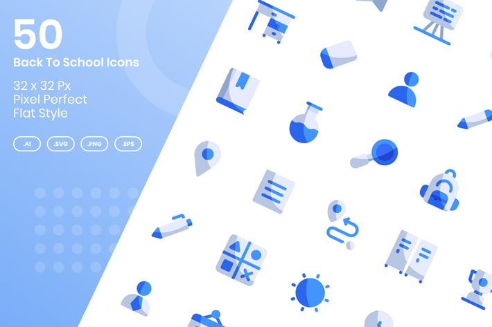 50 Back To School Icons Set - Flat