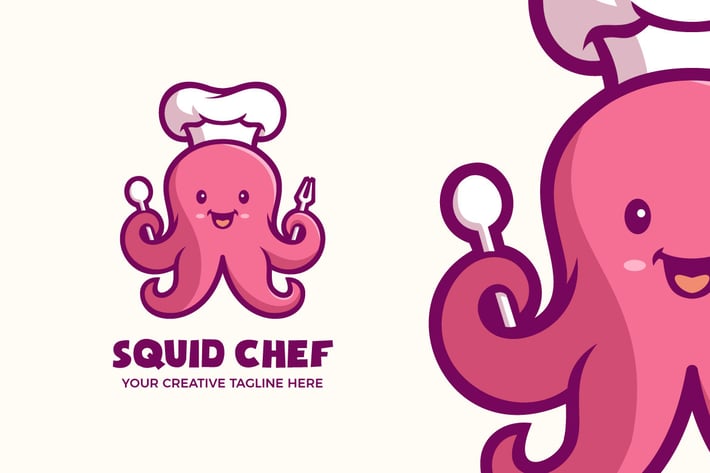 Cute Squid Chef Seafood Mascot Character Logo