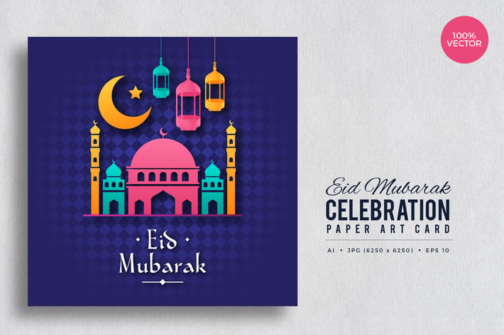 Eid Mubarak Paper Art Vector Card Vol.3