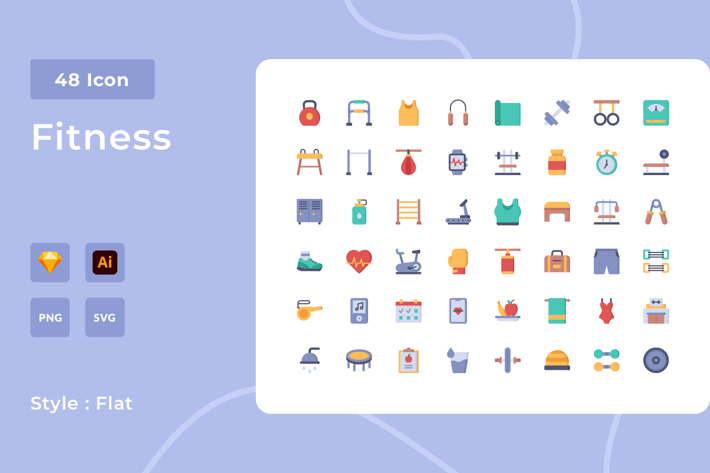 48 Fitness Flat Style Icon Pack