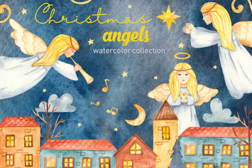 Watercolor Christmas Angels. Clipart, cards