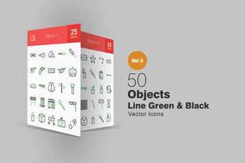 50 Objects Line Green & Black Icons