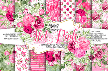 Watercolor HOT PINK digital paper pack