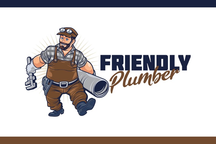Cartoon Plumber Holding Pipe Wrench and Pipe Logo