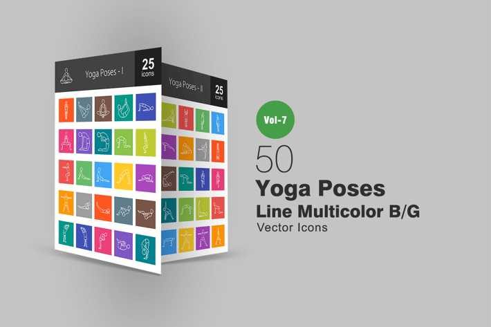 50 Yoga Poses Line Multicolor B/G Icons