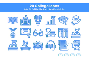 20 College Icons Set - Blue Lineal Color