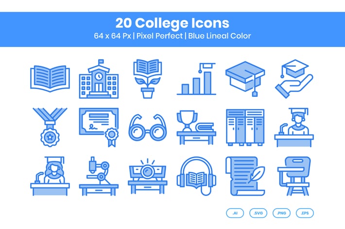 20 College Icons Set - Blue Lineal Color