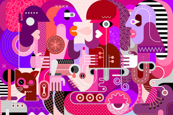 A Cat and Four People vector illustration
