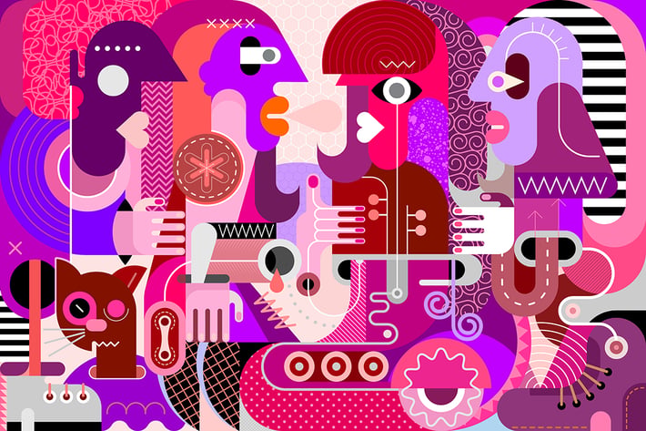 A Cat and Four People vector illustration