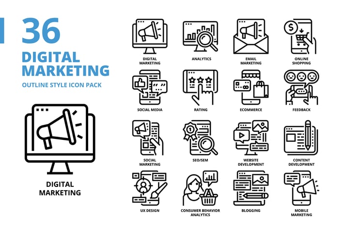 Digital Marketing Outline Style Icon Set