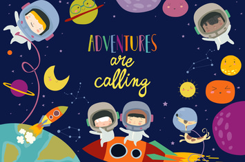 Vector frame composed of girls ans boys astronauts