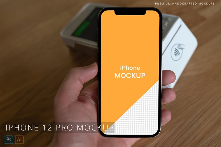 iPhone 12 Pro Mockup in Hand over POS Terminal
