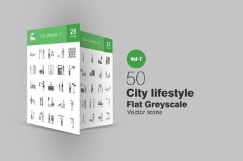50 City Lifestyle Flat Greyscale Icons