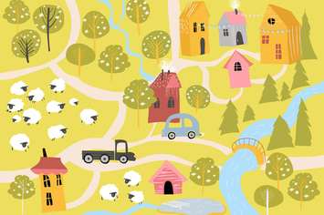 Cute little village with blossom trees in cartoon 