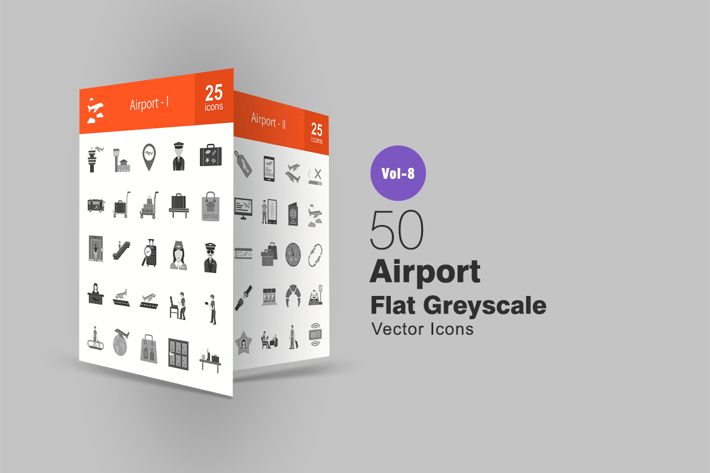 50 Airport Flat Greyscale Icons