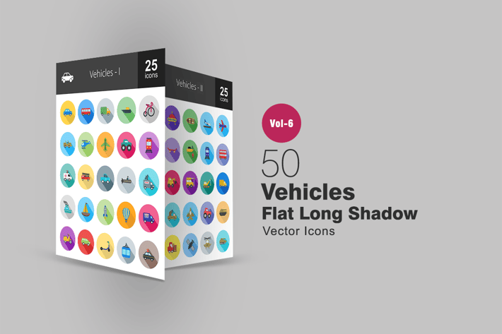 50 Vehicles Flat Shadowed Icons