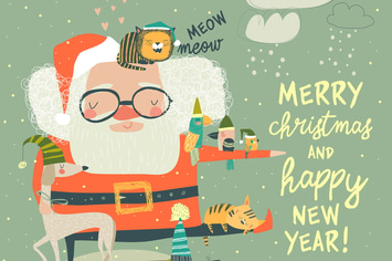 Santa Claus with cute cats and dogs. Vector illust