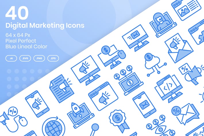 40 Digital Marketing Icons Set - Blue Lineal Color