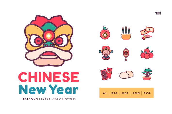 36 Chinese New Year Icons Lineal Color Style