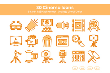 30 Cinema Icons Set - Orange Lineal Color