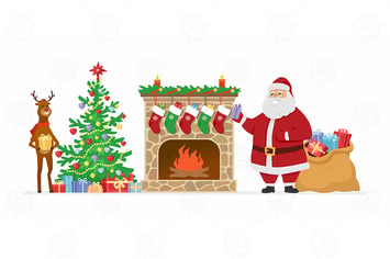 Santa and reindeer - cartoon illustration