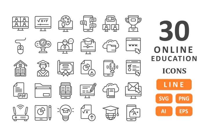 30 Online Education Icons - Line