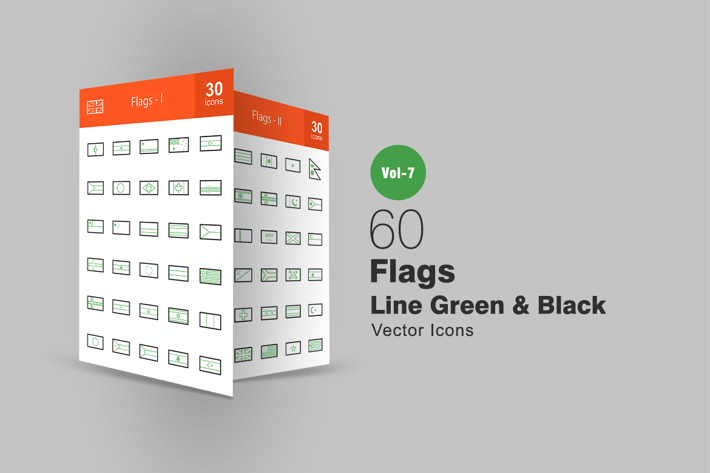 60 Flags Green & Black Line Icons