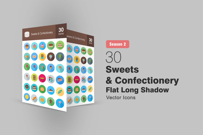 30 Sweets & Confectionery Flat Long Shadow Icons