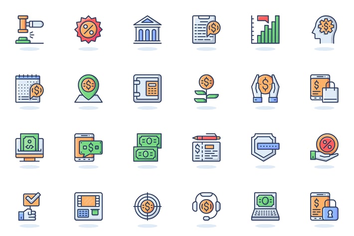 Online Banking Flat Line Web Icons Set