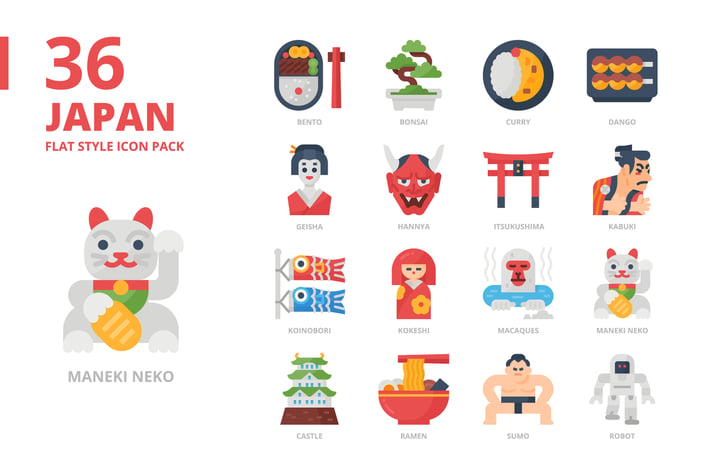 Japan Flat Style Icon Set