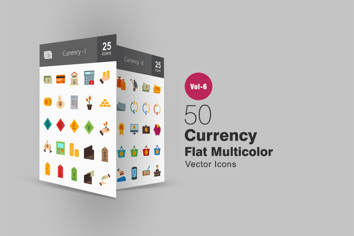50 Currency Flat Multicolor Icons