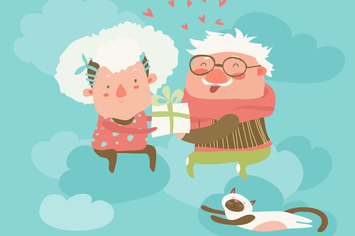 Couple of elderly angels hugging. Vector greeting 