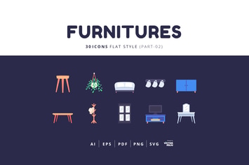 30 Icons Furnitures Part-02 Flat Style