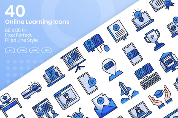40 Online Learning Icons Set - Filled Line