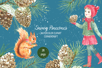 Watercolor Snowy Pinecones 