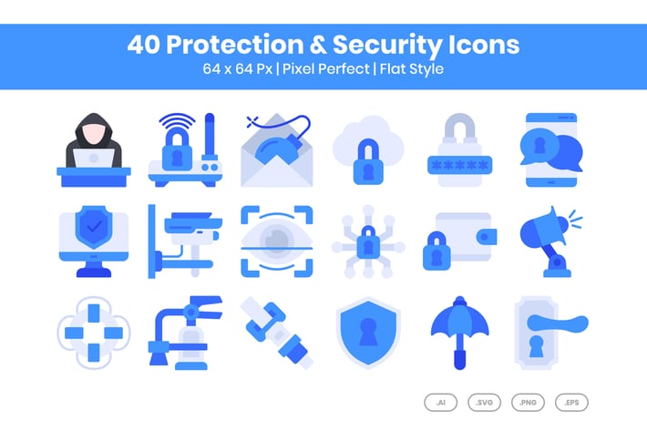 40 Protection & Security Icons Set - Flat