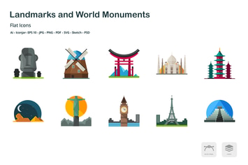 Landmarks and World Monuments Flat Colored Icons