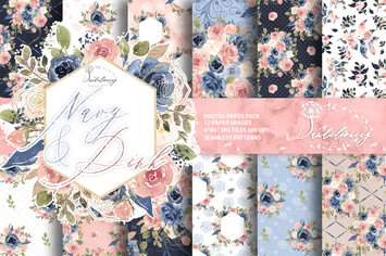 Watercolor Navy and Pink digital paper pack