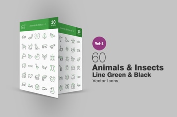 60 Animals & Insects Line Green & Black Icons
