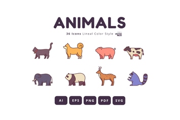 36 Animals Icons Lineal Color Style