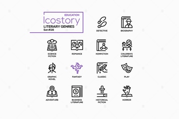 Literary genres - line design style icons set