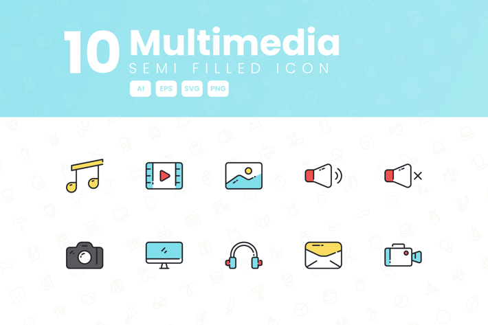 10 Multimedia Semi Filled Icon Collection