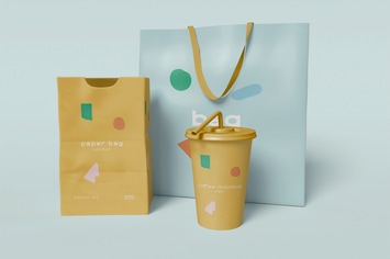 Paper Bags with Paper Cup Mockup