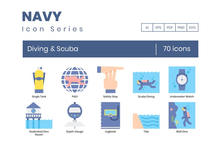 70 Diving & Scuba Flat Icons 