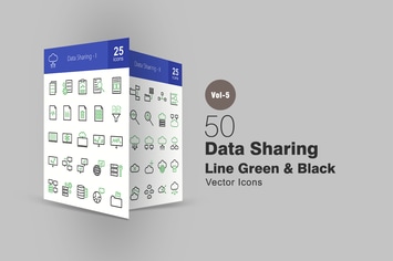 50 Data Sharing Line Green & Black Icons